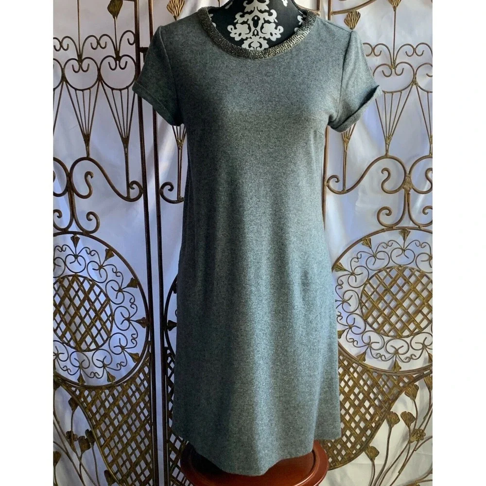 LOFT Women Gray Jewel Neck Short Sleeve Casual Shift Dress Size S